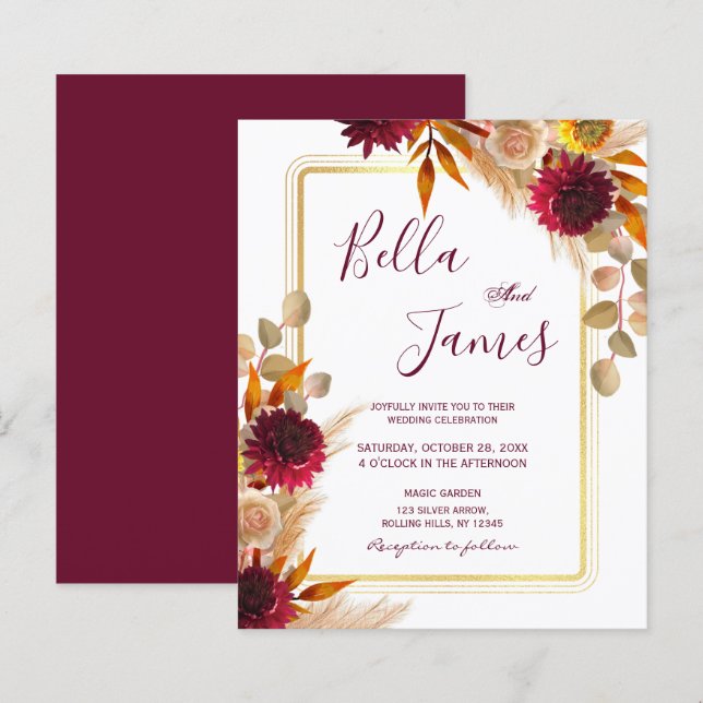 Budget Marsala Red Floral Wedding Invitation (Front/Back)