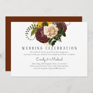 BUDGET Marsala Roses Sunflowers Wedding Invite