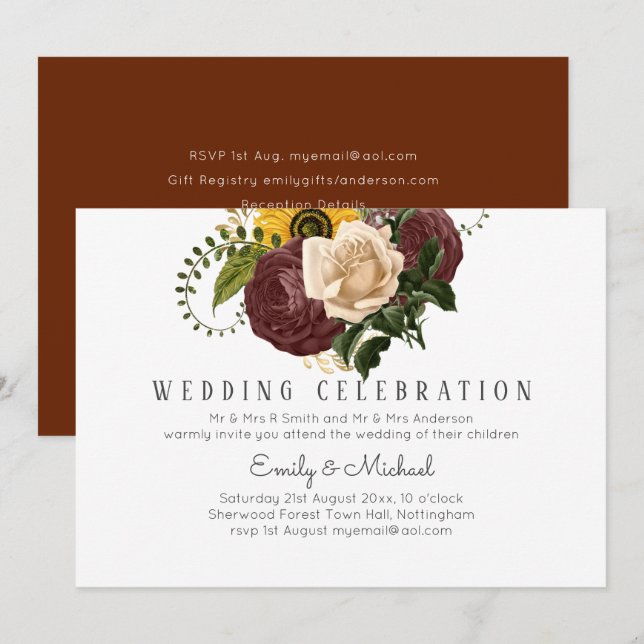 BUDGET Marsala Roses Sunflowers Wedding Invite (Front/Back)
