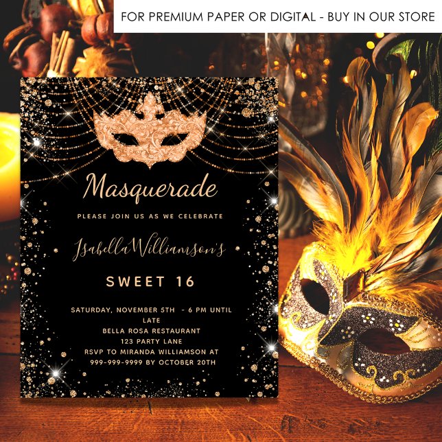 Budget masquerade black gold Sweet 16 invitation (Creator Uploaded)