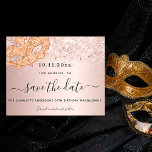 Budget masquerade party rose gold save the date<br><div class="desc">A Save the Date card for a 50th (or any age) birthday masquerade party. A rose gold metallic looking background decorated with faux glitter dust and a masquerade mask. Personalise and add a date and name/age. The text: Save the Date is written with a large trendy hand lettered style script...</div>
