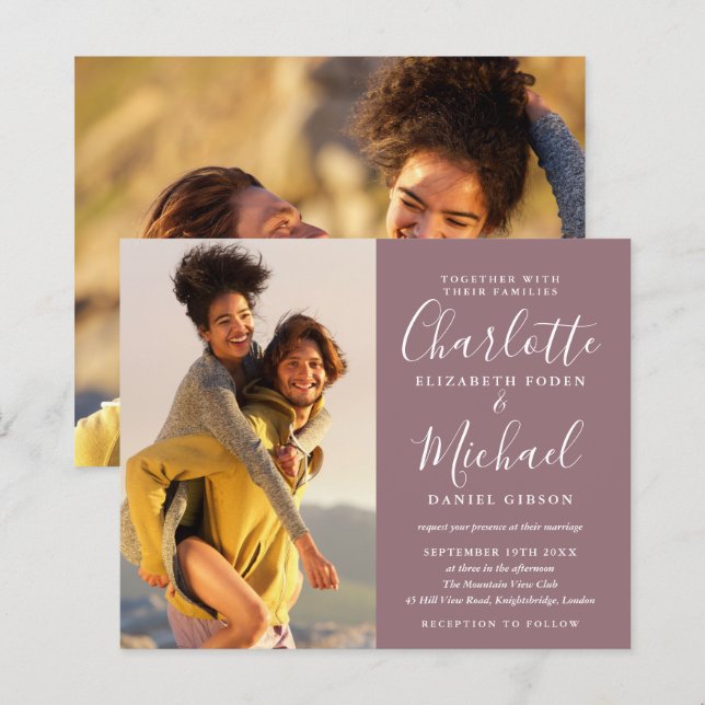 Budget Mauve Script Photos Wedding Invitation (Front/Back)