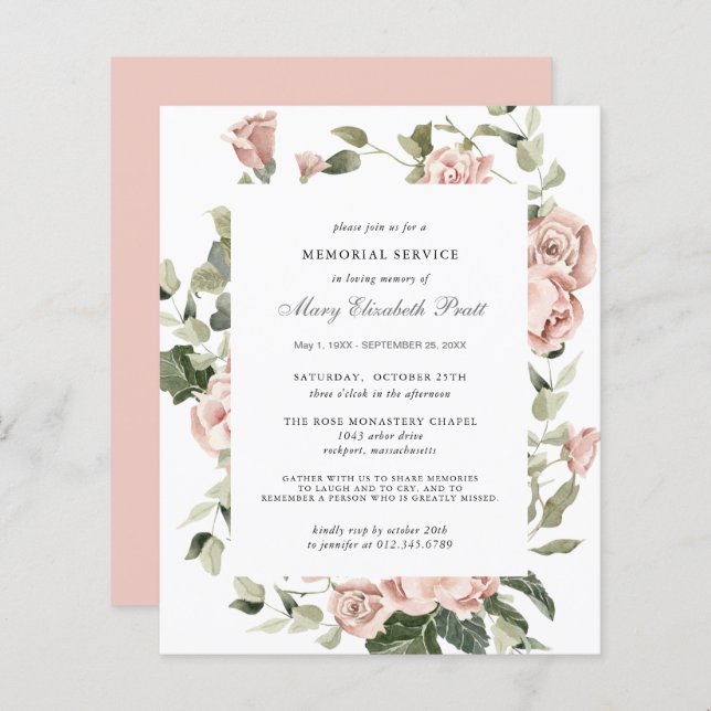 Budget Memorial Service Pink Floral Invitation (Front/Back)