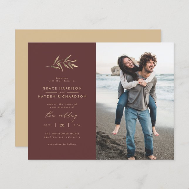 Budget Merlot & Branch Wedding Photo Invitation (Front/Back)