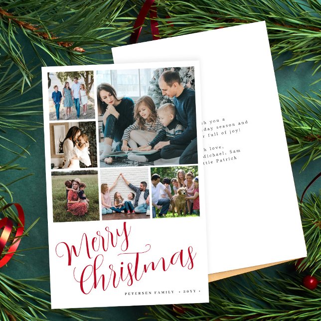 Budget Merry Christmas 6 photo red typography card (Creator Uploaded)