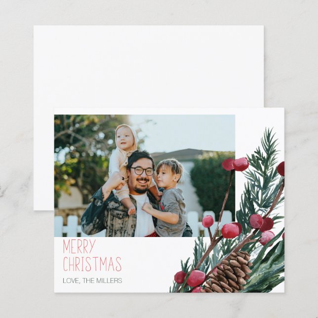 Budget Merry Christmas Berries & Pine Cone Photo (Front/Back)