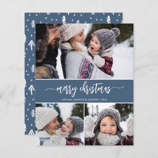 Budget Merry Christmas Modern Three Photos Card (Front/Back)
