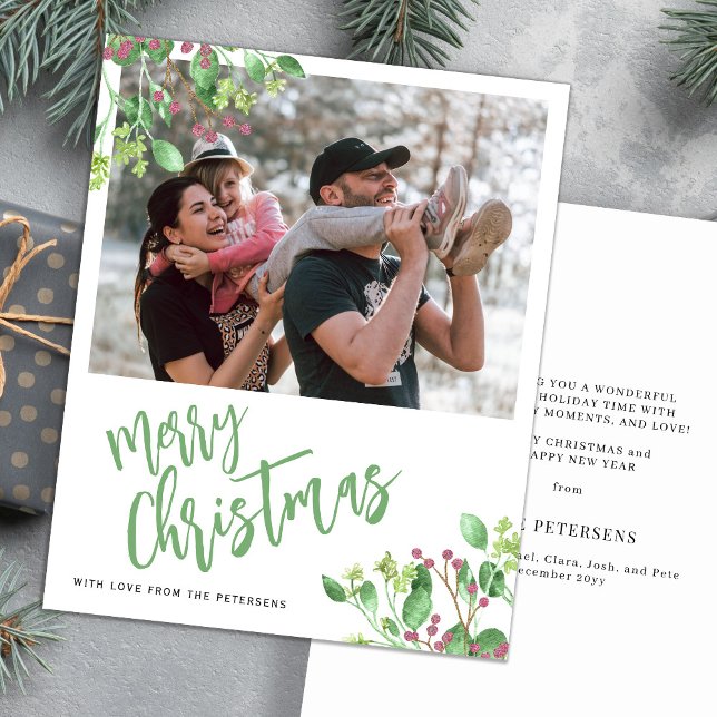 Budget Merry Christmas photo greenery holiday card (Creator Uploaded)
