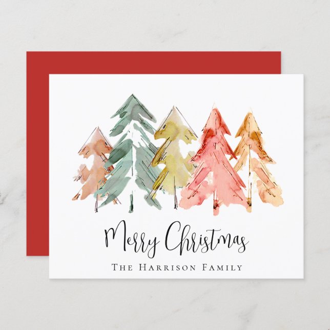 Budget Merry Christmas Pine Tree Watercolors Card (Front/Back)
