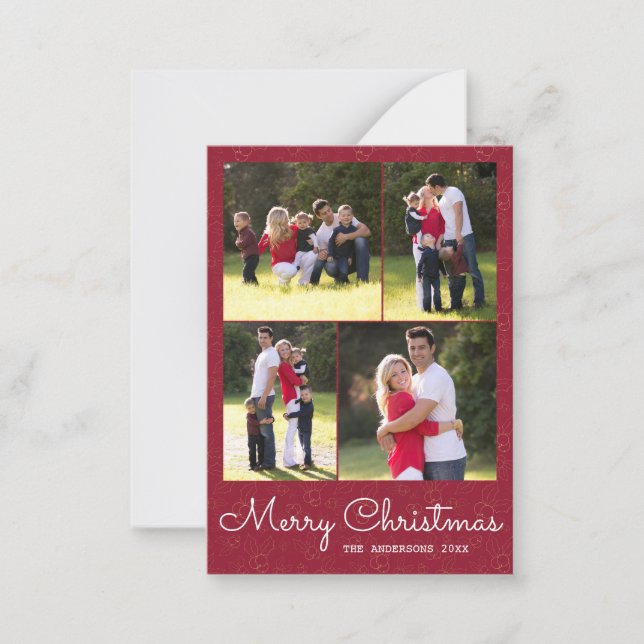 Budget Merry Christmas Script 4 Photo Red Holly Card (Front)