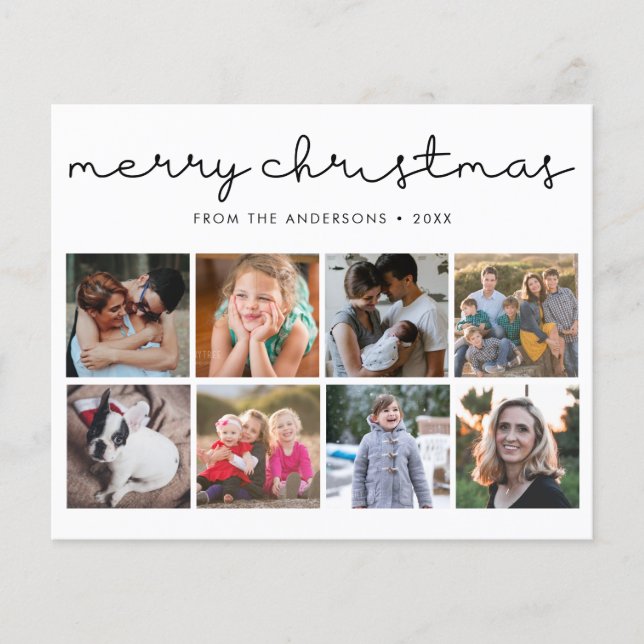 Budget Merry Christmas Script 8 Photo Holiday Card (Front)