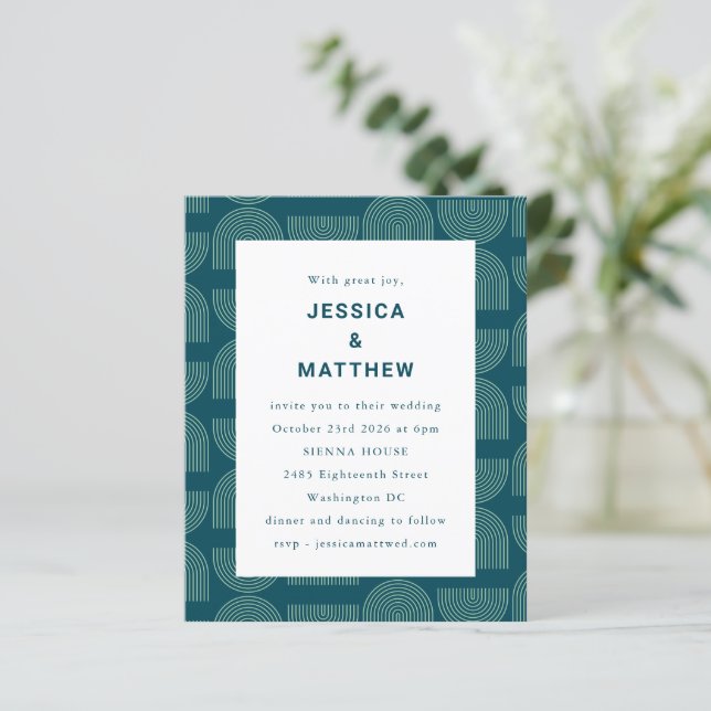 Budget Mid Century Modern Teal Wedding Invitation (Standing Front)