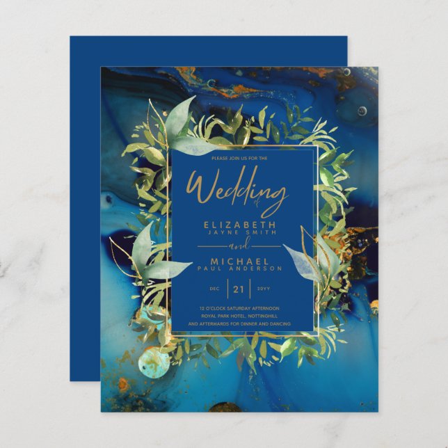 BUDGET Midnight Blue Gold Greenery Wedding Invites (Front/Back)