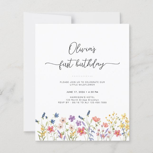Budget Minimal Floral First Birthday Invitation (Front)