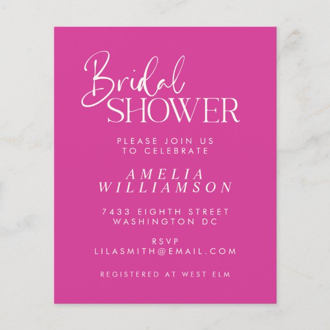 Budget Minimal Fuchsia Script Bridal Shower Invite (Front)