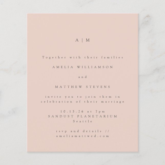 Budget Minimal Monogram Blush Wedding Invitation (Front)