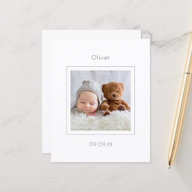 Budget Minimal Photo Baby Boy Birth Announcement (Front/Back In Situ)