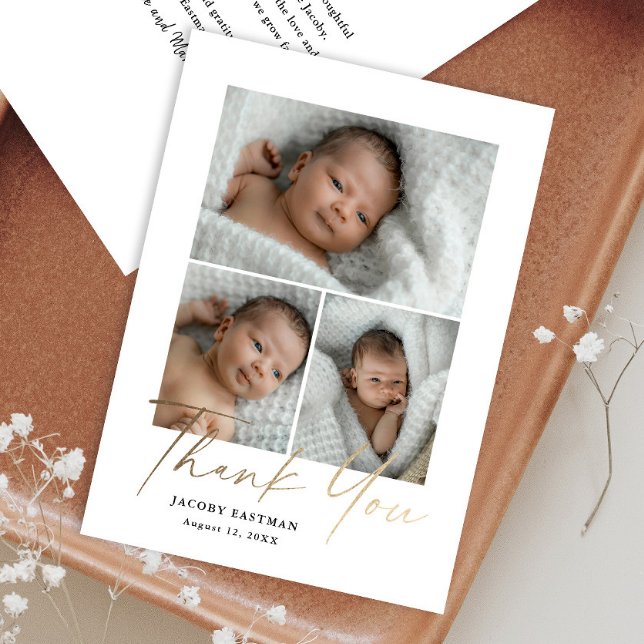Budget Minimal Script 3 Photo Baby Thank You Card (Creator Uploaded)