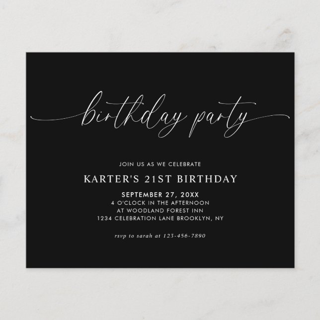 BUDGET Minimal Script Black White Adult Birthday  (Front)