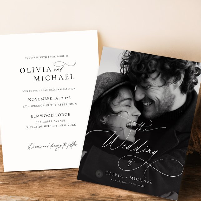 Budget Minimal Script Sunset Photo Wedding Invites (Creator Uploaded)