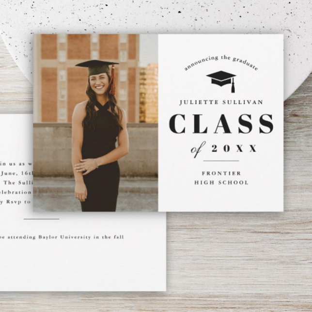 Budget Minimal Type Photo Graduation Announcement (Budget classic typography black and white graduation photo invitation announcement cards.)