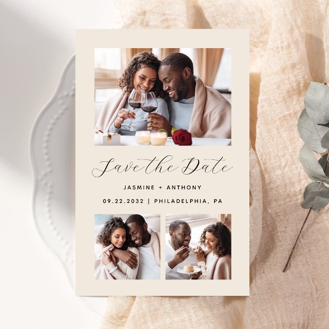 Budget Minimalist 3-Photo Beige Save the Date (Creator Uploaded)