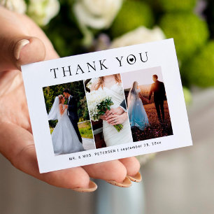 Budget minimalist 3 photo modern wedding thank you card