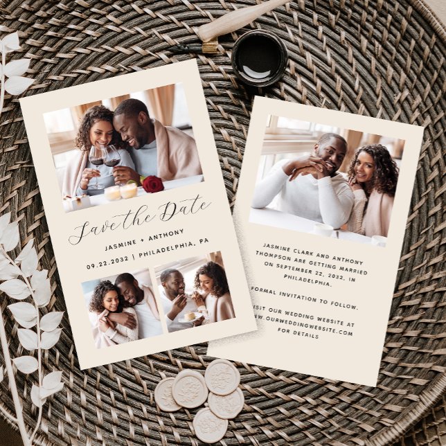 Budget Minimalist 4-Photo Beige Save the Date (Creator Uploaded)