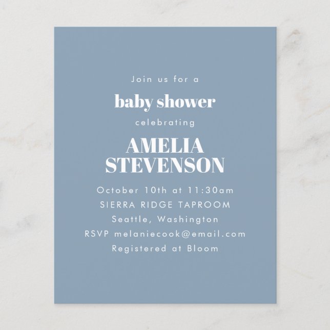 Budget Minimalist Baby Shower Dusty Blue Invite (Front)