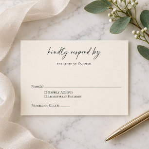 Budget Minimalist Black Cream Modern Script RSVP Card