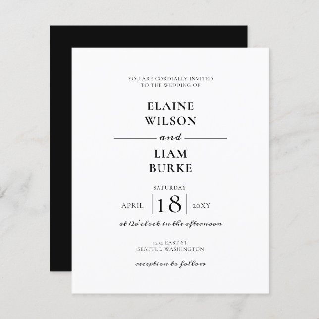 Budget Minimalist Black White Wedding Invitation (Front/Back)