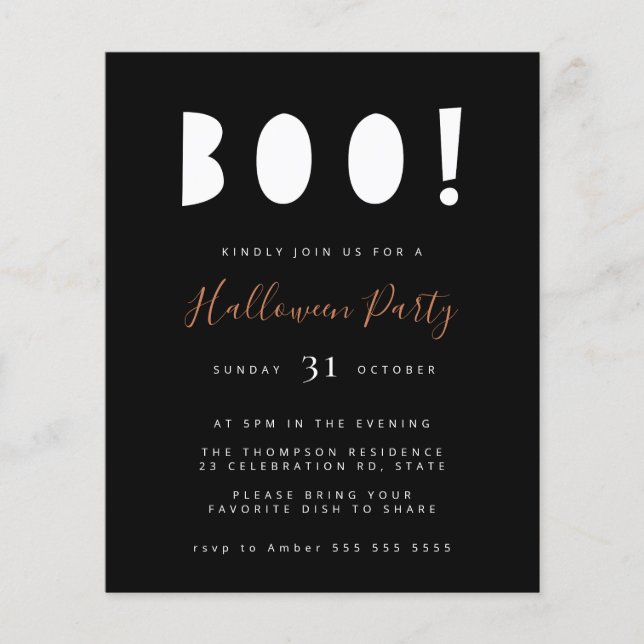 Budget Minimalist Boo Halloween Black Party Invite (Front)