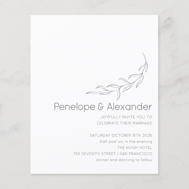 Budget Minimalist Botanical Drawing Wedding Invite (Front)