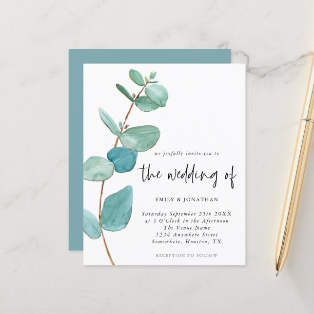 Budget Minimalist Eucalyptus Wedding Invitation (Front/Back In Situ)
