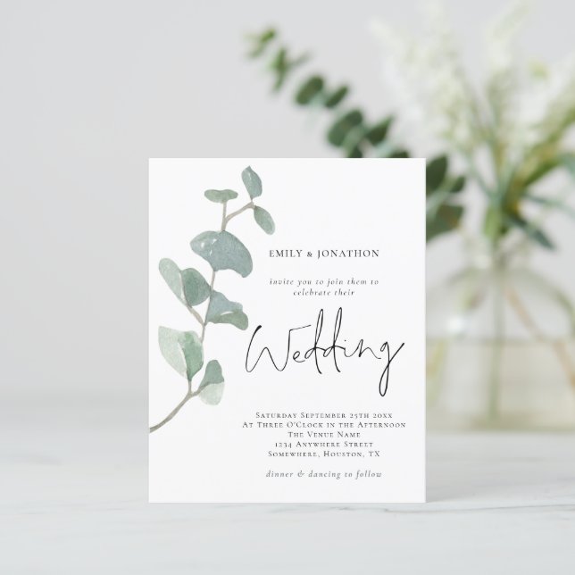 Budget Minimalist Eucalyptus Wedding Invitation (Standing Front)