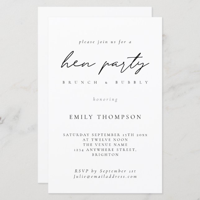 Budget Minimalist Hen Party Brunch Bubbly Invite (Front/Back)