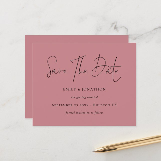 Budget Minimalist Script Dusty Rose Save The Date (Front/Back In Situ)
