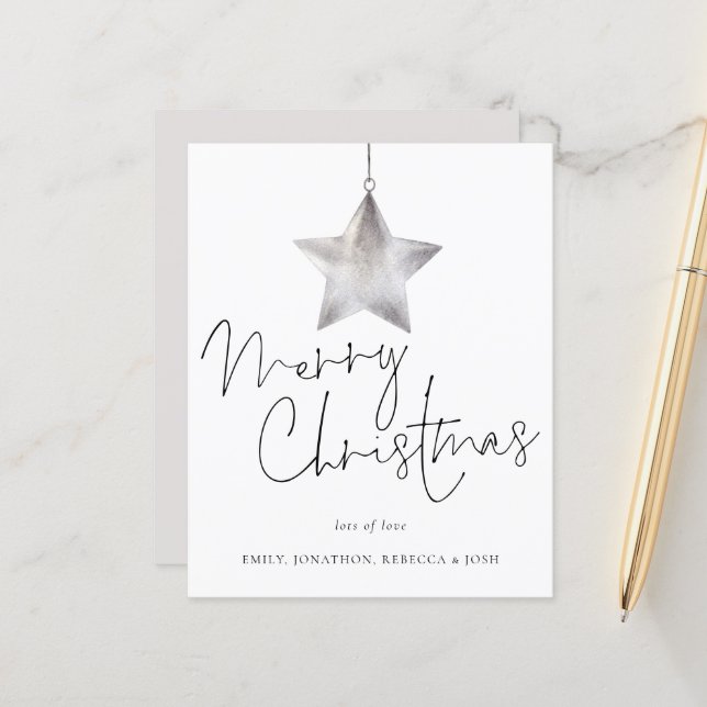 Budget Minimalist Silver Star Merry Christmas Card (Front/Back In Situ)