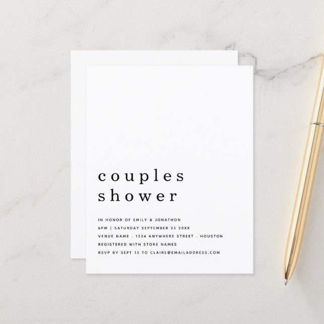 Budget Minimalist Text Couples Shower Invite (Front/Back In Situ)