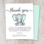 Budget Mint Elephant Baby Shower Thank You Card<br><div class="desc">Cute budget-friendly gender-neutral baby shower or sprinkle thank you card with "thank you" in a stylish soft grey script with swashes and a mint green watercolor of baby elephant. Underneath you can easily personalise your thank you message in simple grey topography or leave blank for a handwritten note.</div>