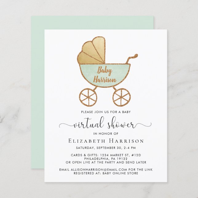 Budget Mint Green Virtual Baby Shower Invitation (Front/Back)