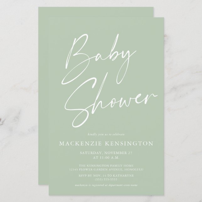 Budget Mint Sage Green Simple Script Baby Shower (Front/Back)