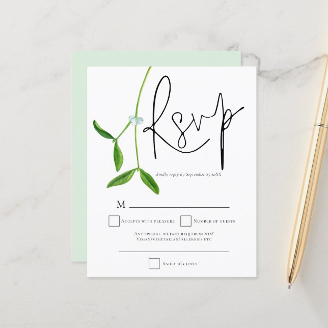 Budget Mistletoe Script Christmas Wedding RSVP  (Front/Back In Situ)