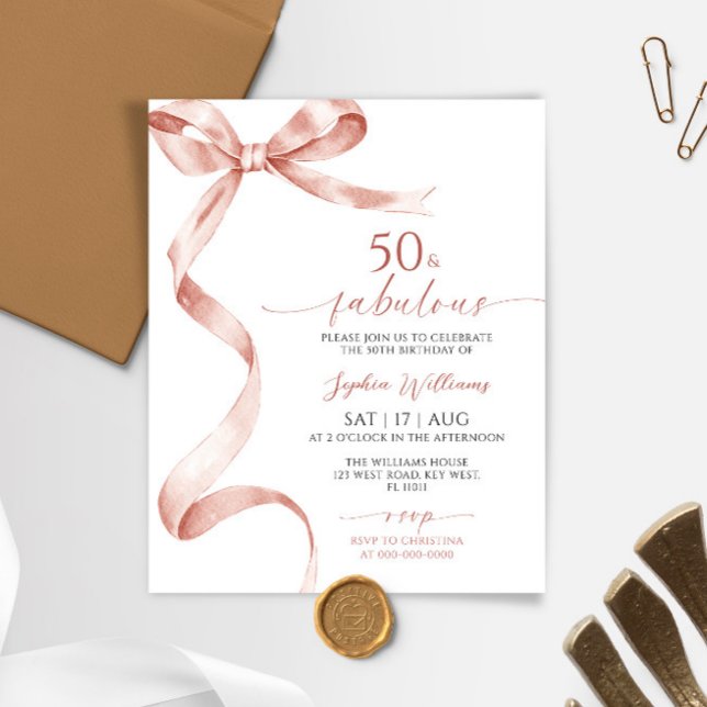 Budget Mocha Bow 50 & Fabulous Birthday Invitation (Creator Uploaded)