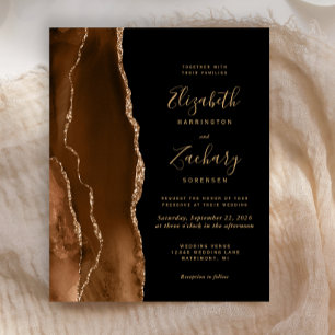 Budget Mocha Brown Gold Agate Black Wedding Invite