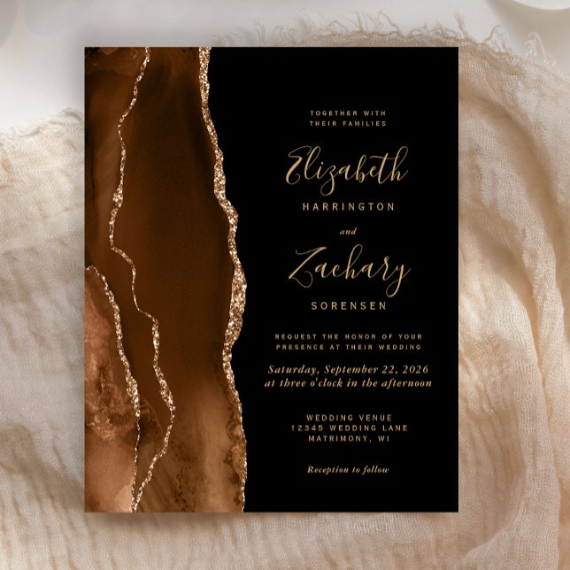 Budget Mocha Brown Gold Agate Black Wedding Invite (Creator Uploaded)