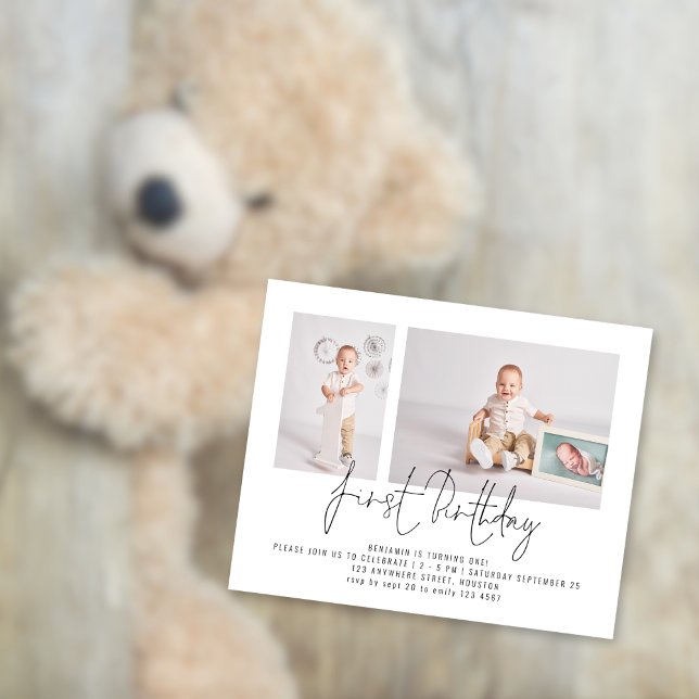 Budget Modern 2 Photo Script First Birthday Party  (A budget price smaller 4.5 x 5.6" alternative)