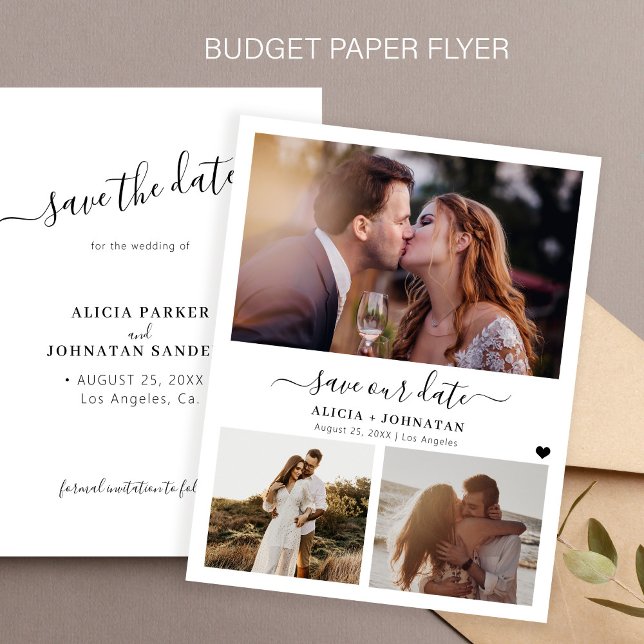 Budget modern 3 photo wedding save the date card (Creator Uploaded)