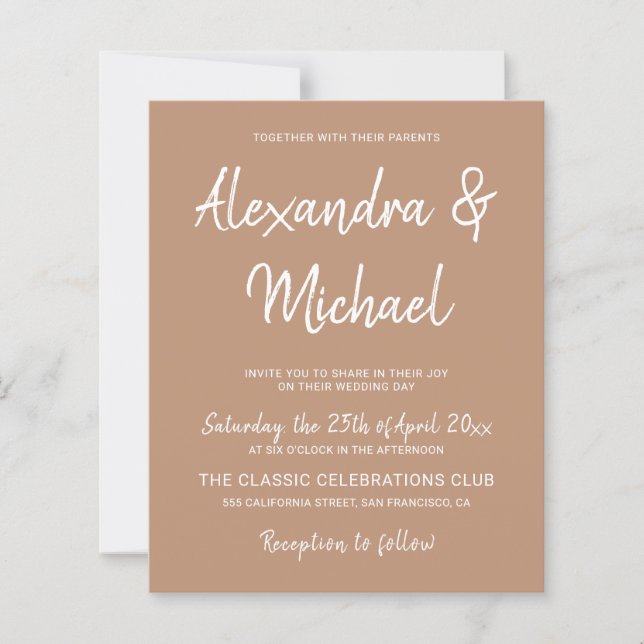 Budget modern beige tan wedding invitation (Front)