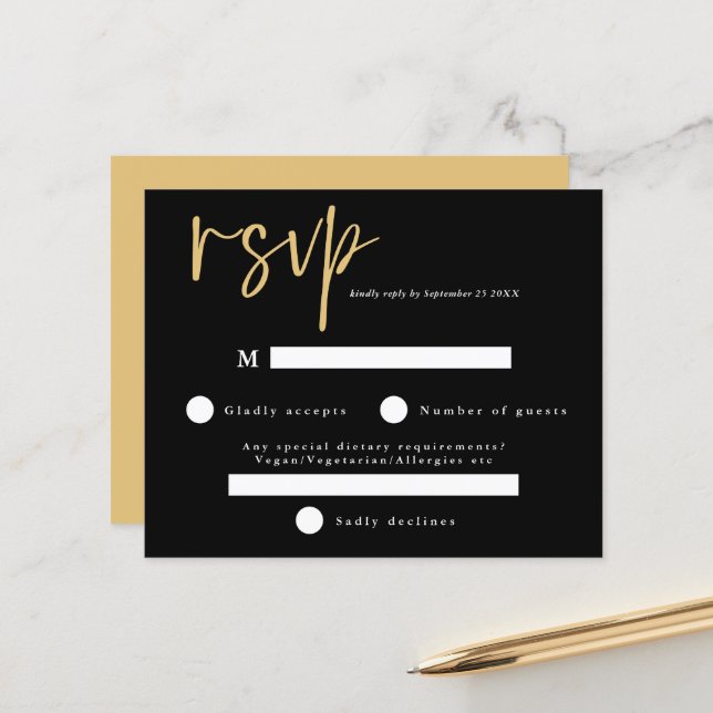 Budget Modern Black and Gold Wedding RSVP (Front/Back In Situ)